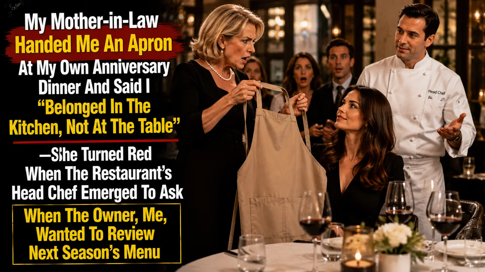 My mother-in-law handed me an apron at my own anniversary dinner. Then she loudly announced I belonged in the kitchen, not at the table. She smiled while everyone stared—until the head chef walked over and changed the entire room. My spouse and I chose my restaurant for our anniversary because it had always been our favorite place. Ironically, very few people outside my management team knew I actually owned it. I preferred keeping a low profile and letting the staff shine instead of drawing attention to myself. My mother-in-law had never respected my career anyway. She liked to say I only "played restaurant" instead of having a real business. Every family gathering included another joke about when I'd finally get a proper office job. I usually smiled, changed the subject, and let it go. Looking back, I realize that was my biggest mistake. I hated family drama so much that I convinced myself ignoring her would eventually make the comments stop. Instead, my silence only encouraged her to keep going. As the years passed, the insults became more personal. She constantly compared my work to traditional office jobs and implied I wasn't contributing as much as my spouse. If another relative congratulated me on the restaurant's success, she'd immediately dismiss it or steer the conversation somewhere else. My spouse defended me occasionally but usually whispered, "Just let it go. It's easier this way." Friends kept telling me I needed to stand up for myself. Instead of addressing the real problem, I responded with sarcasm whenever she criticized my career. I'd make little jokes back, and while they felt satisfying in the moment, they only added more tension without solving anything. On our anniversary, she arrived looking unusually confident. Halfway through dinner, she reached into a gift bag, pulled out a plain apron, slid it across the table, and loudly declared, "You belong in the kitchen serving people, not sitting at this table." Conversations throughout the restaurant stopped. I could feel every pair of eyes in the dining room turn toward me. For a moment, I wanted to fire back. I was embarrassed, angry, and honestly humiliated. Then something inside me shifted. I realized I'd spent years protecting someone who had never cared about protecting my dignity. I also admitted an uncomfortable truth: by pretending her comments didn't bother me, I'd convinced everyone else they were harmless too. That wasn't who I wanted to be anymore. Instead of arguing, I stayed exactly where I was. For the first time, I refused to rescue her from the consequences of her own assumptions. Just as the silence became unbearable, our head chef walked over carrying a folder. Smiling politely, he said, "Excuse me, I didn't want to interrupt your celebration, but when would you like to review next season's menu? We need the owner's final approval before printing everything." I thanked him, opened my calendar, and scheduled the meeting for Monday morning. I never announced that I owned the restaurant. I never looked at my mother-in-law. I simply continued the conversation as though nothing unusual had happened. When the chef walked away, my mother-in-law's face had turned bright red. Without saying a word, she quietly pushed the apron back into her gift bag. In that moment, I realized something important. The truth doesn't need an audience—it just needs the right moment. The family split almost immediately. Some relatives apologized for underestimating my work and admitted they'd believed my mother-in-law's version of my career for years. Others accused me of setting her up for public humiliation by never correcting her sooner. My friends called it karma finally catching up with her. My spouse admitted they should have defended me long before that night but wished the truth hadn't come out in front of everyone. My mother-in-law insisted I'd intentionally hidden the fact that I owned the restaurant just to make her look foolish. The conversation stopped being about her insult and became a debate over whether I'd handled the situation fairly. I still love running my restaurant, and every anniversary reminds me why I built it in the first place. But my relationship with my mother-in-law has never fully recovered, and sometimes I wonder whether staying silent all those years protected my peace—or simply delayed the inevitable. Tell me honestly—did I cross a line, or did they deserve it?