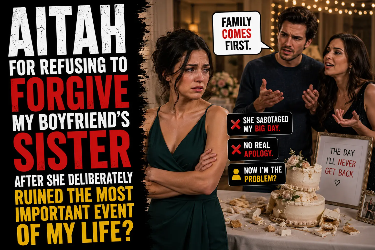My boyfriend’s sister deliberately ruined one of the most important events of my life, and now he expects me to forgive her because “family comes first.