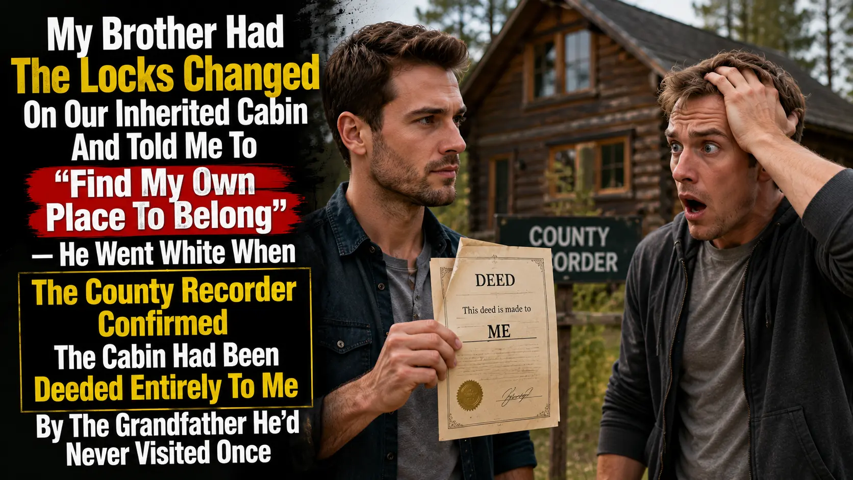 My brother changed the locks on our grandfather's cabin. Then he told me to find my own place to belong. He looked completely certain he had won—until one file at the county recorder's office changed everything. My grandfather's cabin was far more than just a piece of property to me. It was where we spent summers fishing, repairing old furniture, and talking for hours on the porch. As he grew older, I visited whenever I could, helped with repairs, and drove him to medical appointments. My brother, on the other hand, rarely called, almost never visited, and always seemed too busy. When Grandpa passed away, everyone simply assumed the cabin would belong to both of us. My brother acted as though that assumption was already a legal fact. I stayed quiet because I didn't want grief to turn into a family war. Looking back, I realize I made a huge mistake by relying on family assumptions instead of checking the legal paperwork immediately. That hesitation gave my brother all the confidence he needed. Within weeks, he'd changed the locks without telling me. When I showed up one afternoon, my key no longer worked. He had already removed several boxes of my belongings and claimed I had no reason to keep anything there anymore. When I confronted him, he simply shrugged and said, Everyone knows the cabin should be mine. Some relatives urged me to keep the peace instead of making things worse, while my friends couldn't understand why I wasn't fighting back. Instead of staying calm, I made my own mistake. I fired off angry text messages accusing him of stealing from me and acting like a bully. He replied politely, making me look emotional while he appeared reasonable. Before long, he was talking about remodeling the cabin and even renting it out for extra income. The more confident he became, the more something felt wrong. Eventually, I stopped arguing altogether and decided I wouldn't send another message until I'd verified every legal record myself. I walked into the county recorder's office expecting to confirm that we jointly owned the cabin. Instead, the clerk located a recorded deed signed by my grandfather before he passed away. The property had been legally transferred entirely to me. I just sat there staring at the paperwork. In that moment, I realized my brother had been acting like the owner without ever confirming whether he actually was. I also had to admit that my anger had distracted me from the one thing that truly mattered—the legal documents. Everything suddenly made sense. Rather than confronting my brother in another pointless argument, I asked him to meet me at the county recorder's office. He walked in smiling, convinced I was finally ready to admit defeat. I said almost nothing. I simply asked the recorder to explain the ownership history. When my brother interrupted, insisting there had to be some mistake, the recorder calmly pointed to the recorded deed and confirmed that the cabin legally belonged to me alone. His face went completely pale. I immediately began the process of regaining possession and calmly told him, Grandpa left me a home—not an argument. I also informed him that he was no longer permitted to enter the property without my permission. I knew many people would say I should have warned him privately first. My family split almost overnight. Some relatives apologized for assuming my brother had been right all along. Others accused me of choosing property over family. My friends said I had finally stood up for myself after staying quiet for far too long. My partner supported enforcing the deed but questioned whether bringing my brother to the recorder's office instead of telling him privately had been unnecessarily humiliating. My brother claimed Grandpa had been manipulated, while several relatives quietly admitted he had barely visited Grandpa for years. The disagreement stopped being about the cabin and became a debate over what family truly earns through love, loyalty, and simply showing up when it matters. I have the cabin back now, and every time I unlock the front door, I think about my grandfather instead of the fight. Even so, I sometimes wonder whether proving my brother wrong so publicly was the only way to honor the decision Grandpa had already made. Tell me honestly—did I cross a line, or did they deserve it