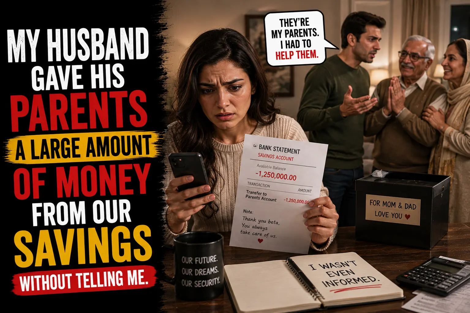 My husband gave his parents a large amount of money from our savings without telling me.